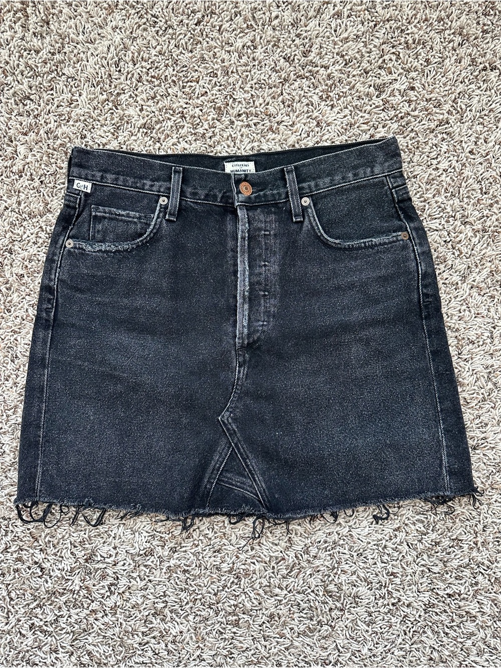 Citizens Of Humanity Black Washed Denim Mini Skirt with Frayed Hem